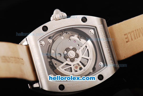 Richard Mille RM007 Silver Case with Black/White/Blue Dial-Diamond Hour Markers and Black Leather Strap - Click Image to Close
